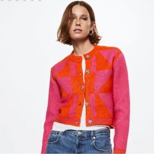 MANGO | Pink and Orange Knitted Cardigan w/ Jeweled Buttons Sz XXL